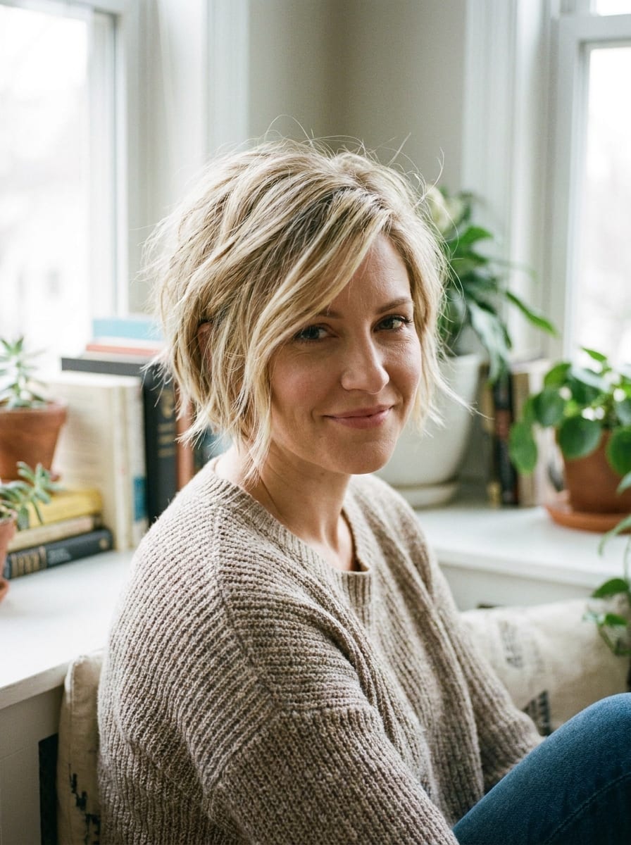 Soft Blonde Short Cut mit natürlicher Textur - Blonde Kurzhaarfrisur